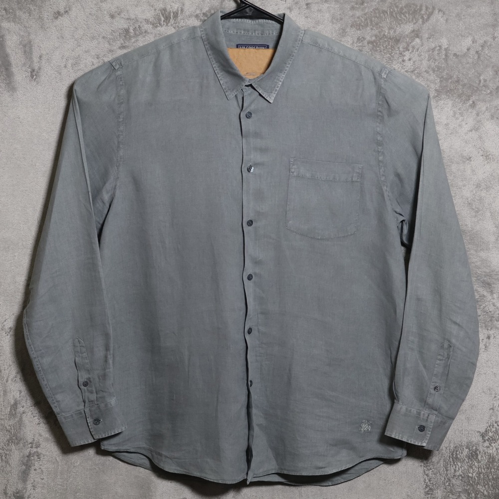 Vilebrequin‎ Shirt Mens XL Gray Linen Long Sleeve Button Up Pocket Casual Preppy
